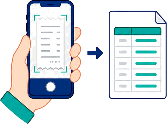 スマートフォンで撮影した領収書を読み取り、台帳に自動記録するイメージ